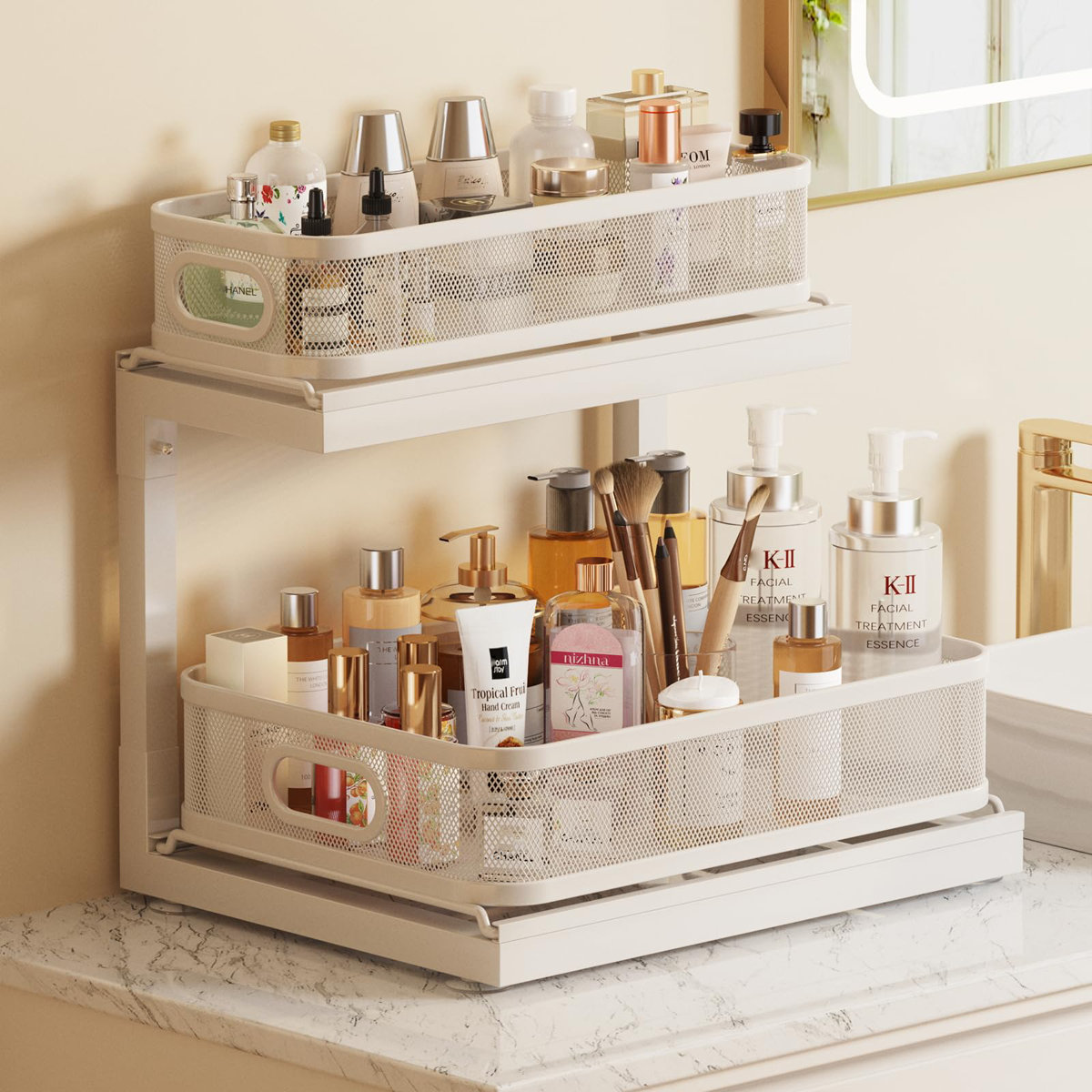 2-Pack Under Sink Storage Organizer With 2-Tier Slide Out Drawer, Sophisticated Mesh Pull Out Shelf For Kitchen & Bathroom